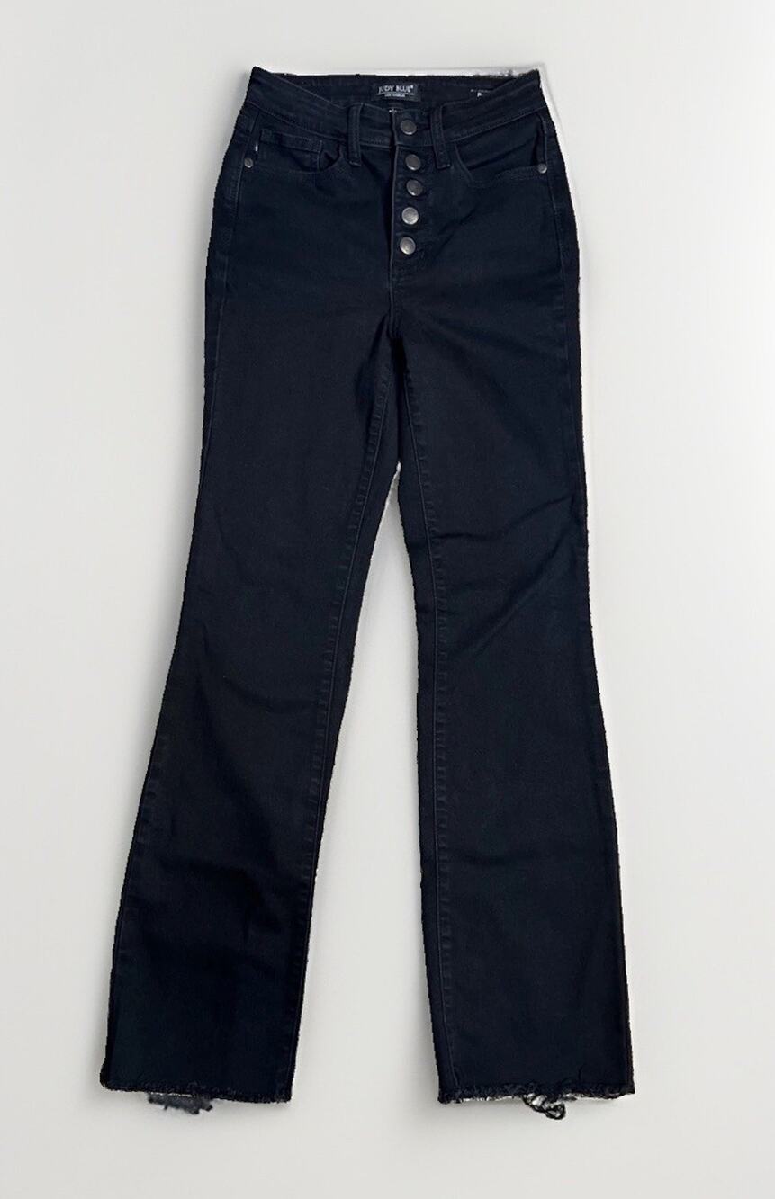 Judy Blue Womens 1/25 Bootcut Button-Fly Black Jeans Mid-Rise Raw Hem Stretch